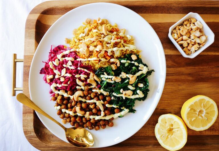 Curried Chickpeas, Roasted Kale, and Pickled cabbage